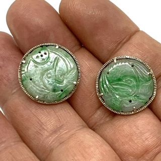 Antique Chinese Carved Jade Jadeite Sterling Silver Earrings.  0.  3/4”