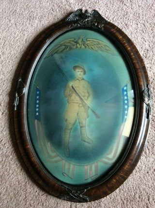 Antique Oval Bubble Glass Convex Wwi Patriotic Picture And Frame