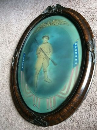 Antique Oval Bubble Glass Convex WWI Patriotic Picture and Frame 2