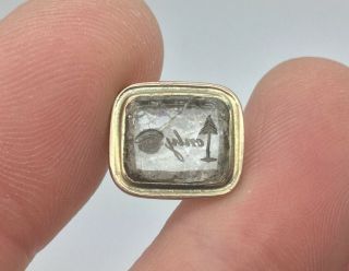 ANTIQUE VICTORIAN 9CT GOLD ROCK CRYSTAL INTAGLIO SEAL - YEW ONLY EYE - FOB - RING 2