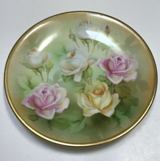 Vintage Rs Germany Pink White Yellow Roses Plate With Gold Rim 8.  375 "