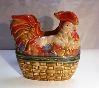 Vintage Glazed Pottery Chicken Hen On A Nest Napkin Holder,  C.  1980 