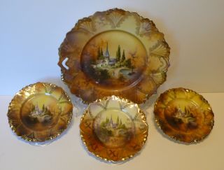 Antique German Rs Prussia Castle Scene Porcelain Cake Plate Dessert Plates