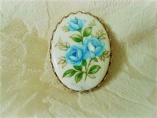 Vintage Gold Tone And White Glass Pin Brooch With Blue Roses