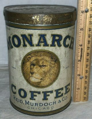 Antique Monarch Coffee 1lb Tall Tin Litho Can Reid Murdoch Lion Grocery Store