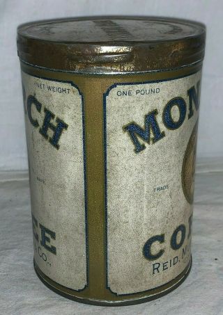 ANTIQUE MONARCH COFFEE 1LB TALL TIN LITHO CAN REID MURDOCH LION GROCERY STORE 2