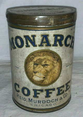 ANTIQUE MONARCH COFFEE 1LB TALL TIN LITHO CAN REID MURDOCH LION GROCERY STORE 3