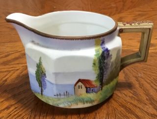 Vintage Nippon M Hand Painted Cream Pitcher Creamer Country Lake Scene
