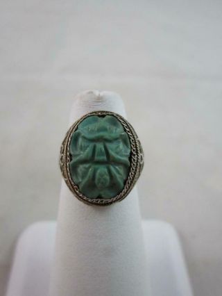 Vintage Sterling Silver Carved Glass? Jade? Ring China Adjustable Sz 4