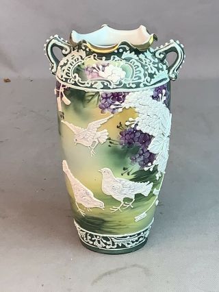 Antique Nippon Moriage Vase Birds Leaves Hand Painted Green