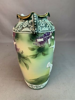 Antique Nippon Moriage Vase Birds Leaves Hand Painted Green 2