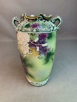 Antique Nippon Moriage Vase Birds Leaves Hand Painted Green 3