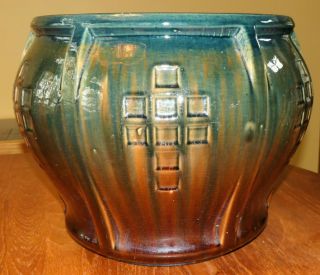 Large Antique Art Pottery Jardiniere Brown Green Drip Glaze Arts & Crafts Design