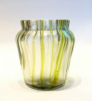 Antique Loetz Austrian Art Glass Miniature Iridescent Green Threaded Vase 2 - 1/2 "