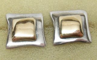 Vintage 925 Sterling Silver & 14k Gold Brutalist Square Post Earrings - Gorgeous