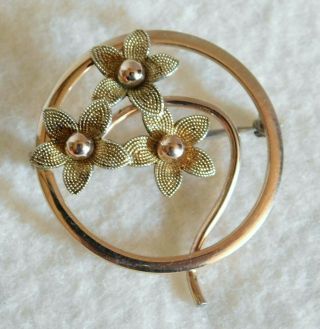 Sweet Vintage Signed Krementz Gold Filled Round Flowers Pin Brooch