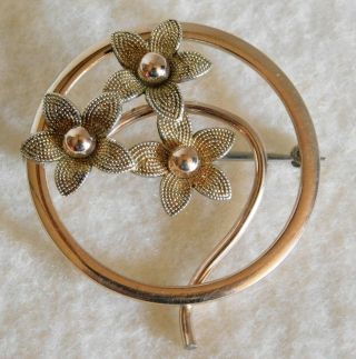 Sweet Vintage Signed Krementz Gold Filled Round Flowers Pin Brooch 3