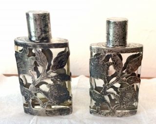 2 Vintage Small Glass Perfume Bottles W Sterling Silver Overlay Mexico