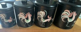 Vintage Ransburg Black 4 - Piece Canister Set W/ Hand - Painted Roosters