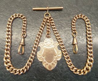 Antique 12ct Rolled Gold Graduated Link Double Albert Pocket Watch Chain & Fob.
