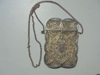 Antique Chinese Sterling Silver Filigree Cigarette Calling Card Case On Chain