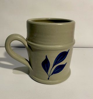 Williamsburg Pottery Mug Cup Salt Glaze Cobalt Blue Leaf Design Vintage