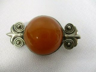 Vintage Sterling Silver Brooch Pin With Amber Glass