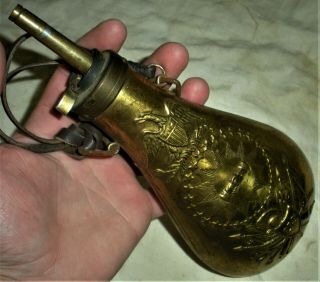 Antique Civil War Era Copper Powder Peace Flask Hands Shaking Large Vafo