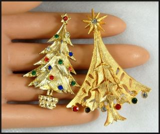 Two Festive Vintage Rhinestone Christmas Tree Brooch Colorful Holiday Pin S
