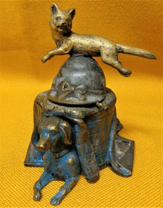 Antique Figural Fox Hunting Bronze Brass Inkwell
