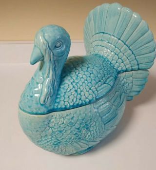 Vintage Ceramic Turkey Lidded Candy Dish Glazed Thanksgiving Blue Tie Dye Unique