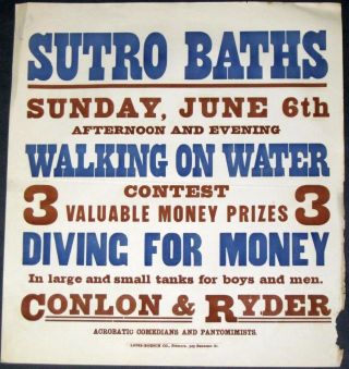 Sutro Baths " Walking On Water " 16x18 Antique 1897 San Francisco Streetcar Poster