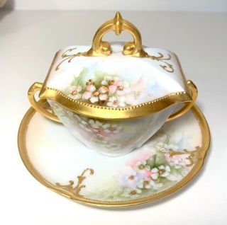 Antique T & V Limoges Covered Bullion Cup & Saucer Hand Painted Daisies & Gold