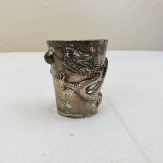 Chinese Silver Dragon Cup Beaker 56 Grams Liquor Whiskey Shot Glass Antique E