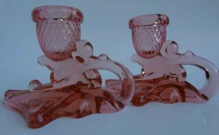Pink Art Glass Candle Holders Vintage Heavy Glass Mid Century Modern Art Deco