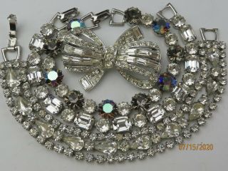 Vintage Signed Weiss Clear Rhinestone Brooch Aurora Borealis 3 Bracelets