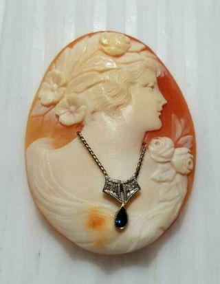 Vintage Carved Habille Cameo,  Helmet Shell W/ 14kw Gold,  Dia.  & Spinel,  42x 33mm