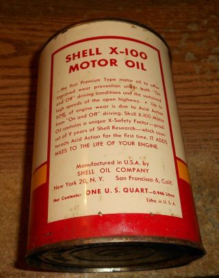 VINTAGE SHELL X - 100 MOTOR OIL ONE QUART CAN/FULL/TOUGH 2