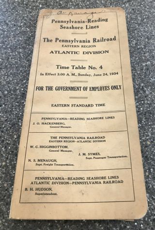 Pennsylvania - Reading Seashore Lines Railroad Time Table No.  4 1934,  Track Map