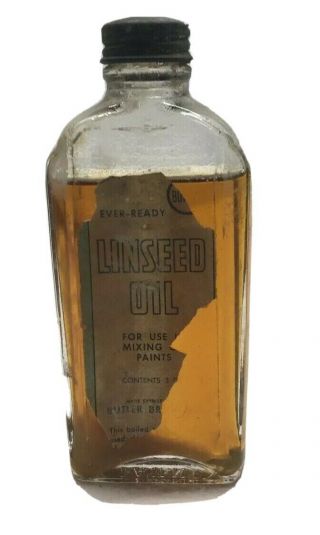 Vintage Linseed Oil Glass Bottle Metal Cap Ever Ready Almost Full