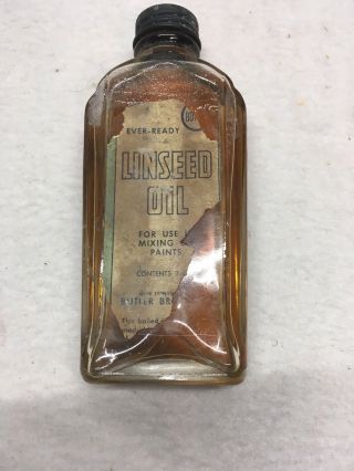 Vintage LINSEED OIL GLASS BOTTLE METAL CAP Ever Ready Almost Full 2