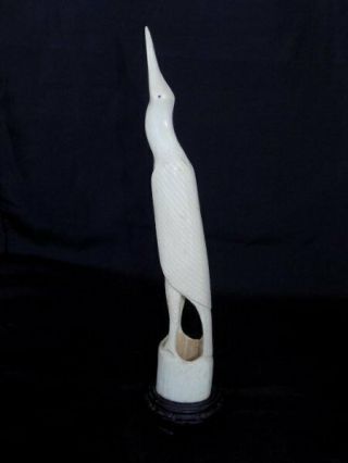 Vtg Hand Carved Water Buffalo Horn 11.  25 " Crane Bird Art Sculpture W/wood Stand