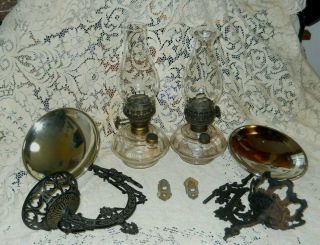 2 Antique Glass Oil Lamps Cast Iron Wall Sconce Brackets & Mercury Reflectors