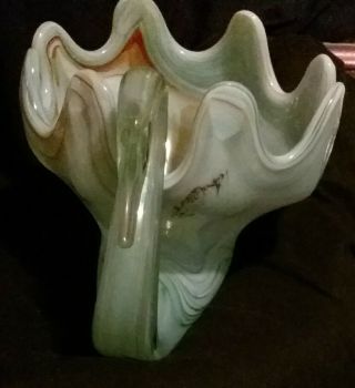 Vintage Blown Art Glass Swan Bowl Blue Green White Swirl W/burnt Orange Small
