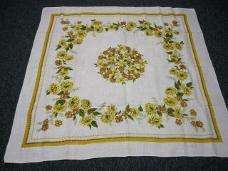 Vintage White Linen Tablecloth With Yellow & Tan Flowers 50 " Square