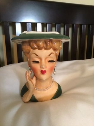 Vintage Lee Wards Ladys Head Vase W Green Hat & Dress,  “pearls”