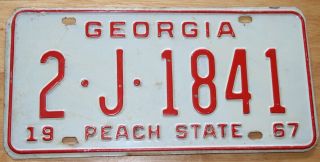 Vintage 1967 Georgia License Plate Auto Car Tag 2 J 1841 Peach State Ga