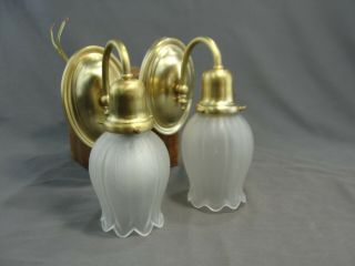 Antique Pair Art Deco Era Brass Wall Sconces Satin Glass Tulip Shades Rewired