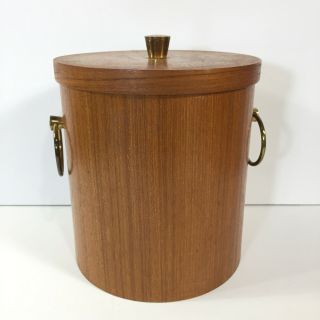 Vintage Wood Ice Bucket Mid Century Modern Barware Metal Lined Brass Handles Lid