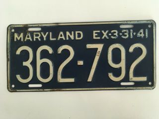 1941 Maryland License Plate 100 All Paint 1940 - 1941